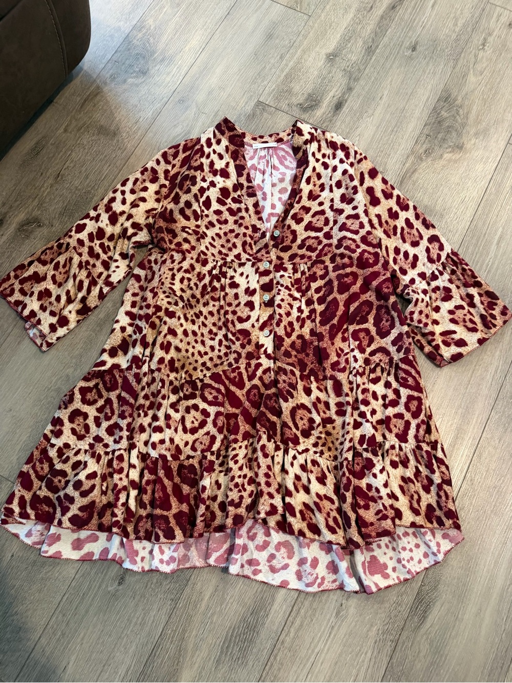 Women's Burgundy Animal Print Midi Dress with Button Front
